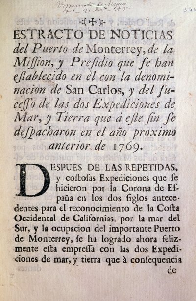 The first page of the official account of the Portola Expedition of 1769-70 by Unbekannt Unbekannt